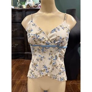 Vintage Rave Floral Mesh Cami Top Blue Velvet Trim Lettuce Edge Y2K Small